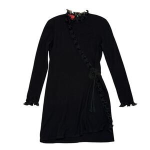 Emanuel Ungaro Parallele Sweater Dress S Black Ruffle Mini Wrap Goth Luxury